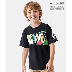 Pine Kids Marvel Terry Knit Half Drop Shoulder Sleeves Oversized T-Shirt with Avengers Graphics - Black