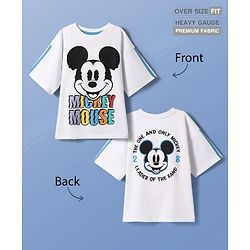Pine Kids Disney Terry Knit Half Drop Shoulder Sleeves Oversized T-Shirt with Mickey Mouse Front & Back Graphics - White
