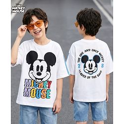 Pine Kids Disney Terry Knit Half Drop Shoulder Sleeves Oversized T-Shirt with Mickey Mouse Front & Back Graphics - White