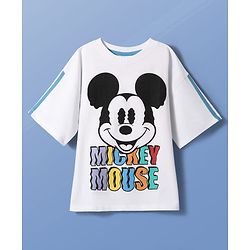 Pine Kids Disney Terry Knit Half Drop Shoulder Sleeves Oversized T-Shirt with Mickey Mouse Front & Back Graphics - White