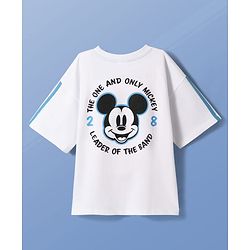Pine Kids Disney Terry Knit Half Drop Shoulder Sleeves Oversized T-Shirt with Mickey Mouse Front & Back Graphics - White