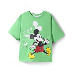 Pine Kids Disney Terry Knit Half Drop Shoulder Sleeves Oversized T-Shirt with Mickey Mouse Front & Back Graphics - Light Green