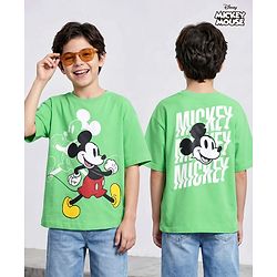 Pine Kids Disney Terry Knit Half Drop Shoulder Sleeves Oversized T-Shirt with Mickey Mouse Front & Back Graphics - Light Green