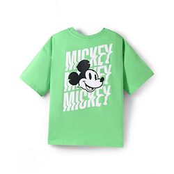 Pine Kids Disney Terry Knit Half Drop Shoulder Sleeves Oversized T-Shirt with Mickey Mouse Front & Back Graphics - Light Green