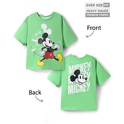 Pine Kids Disney Terry Knit Half Drop Shoulder Sleeves Oversized T-Shirt with Mickey Mouse Front & Back Graphics - Light Green