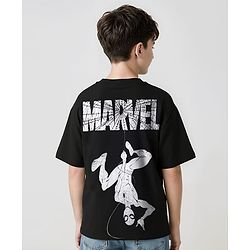 Pine Kids Marvel Terry Knit Half Sleeves Oversize Drop Shoulder T-Shirt With Front And Back Spider Man Graphics - Black