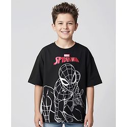 Pine Kids Marvel Terry Knit Half Sleeves Oversize Drop Shoulder T-Shirt With Front And Back Spider Man Graphics - Black