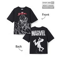 Pine Kids Marvel Terry Knit Half Sleeves Oversize Drop Shoulder T-Shirt With Front And Back Spider Man Graphics - Black