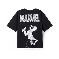 Pine Kids Marvel Terry Knit Half Sleeves Oversize Drop Shoulder T-Shirt With Front And Back Spider Man Graphics - Black