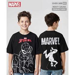 Pine Kids Marvel Terry Knit Half Sleeves Oversize Drop Shoulder T-Shirt With Front And Back Spider Man Graphics - Black