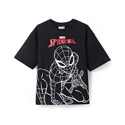 Pine Kids Marvel Terry Knit Half Sleeves Oversize Drop Shoulder T-Shirt With Front And Back Spider Man Graphics - Black