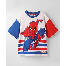 Pine Kids Marvel Terry Knit Half Sleeves Oversized And Drop Shoulder T-Shirt With Front And Back Spider Man Graphics - White & Blue