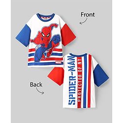 Pine Kids Marvel Terry Knit Half Sleeves Oversized And Drop Shoulder T-Shirt With Front And Back Spider Man Graphics - White & Blue