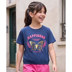 Pine Kids Cotton Knit Half Sleeves T-Shirt with Butterfly Foil Print - Navy Blue