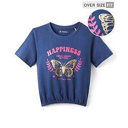 Pine Kids Cotton Knit Half Sleeves T-Shirt with Butterfly Foil Print - Navy Blue