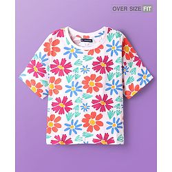 Pine Kids Cotton Knit Drop Shoulder Half Sleeves T-Shirt With Floral Print - White