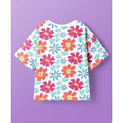 Pine Kids Cotton Knit Drop Shoulder Half Sleeves T-Shirt With Floral Print - White