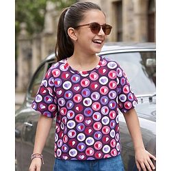 Pine Kids Cotton Knit Half Sleeves Oversized T-Shirt With Heart Print - Purple