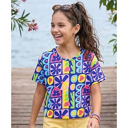 Pine Kids Cotton Knit Half Sleeves Oversized T-Shirt With Floral Print - Blue