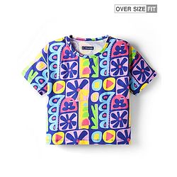 Pine Kids Cotton Knit Half Sleeves Oversized T-Shirt With Floral Print - Blue