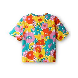 Pine Kids Cotton Knit Half Sleeves Drop Shoulder T-Shirt With Floral Print - White & Yellow
