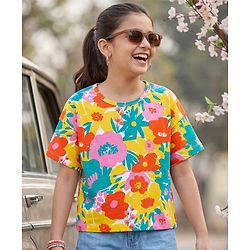 Pine Kids Cotton Knit Half Sleeves Drop Shoulder T-Shirt With Floral Print - White & Yellow