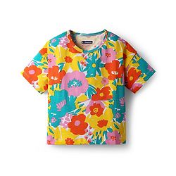 Pine Kids Cotton Knit Half Sleeves Drop Shoulder T-Shirt With Floral Print - White & Yellow