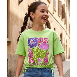 Pine Kids Cotton Knit Half Sleeves T-Shirt With Floral Print & Knot Detailing - Green