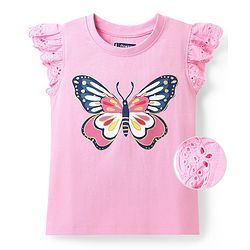 Pine Kids Cotton Knit Frill Sleeves T-Shirt With Butterfly Print- Pink