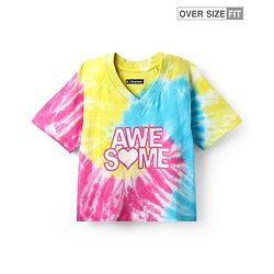 Pine Kids Cotton Knit Half Raglan Sleeves Tie & Dye T-Shirt with with Text Print - Yellow Pink & Light Blue