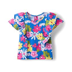 Pine Kids Cotton Knit Half Sleeves T-Shirt With Floral Print & Frill Detailing - Blue