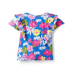 Pine Kids Cotton Knit Half Sleeves T-Shirt With Floral Print & Frill Detailing - Blue