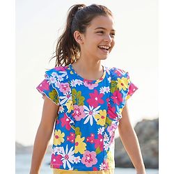 Pine Kids Cotton Knit Half Sleeves T-Shirt With Floral Print & Frill Detailing - Blue