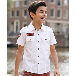 Pine Kids Cotton Woven Half Sleeves Solid Colour Shirt - White