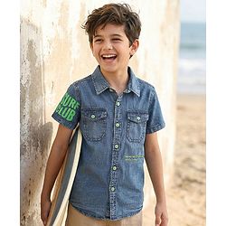 Pine Kids Denim Woven Washed Shirt With Text Print - Blue