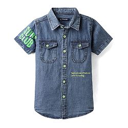 Pine Kids Denim Woven Washed Shirt With Text Print - Blue