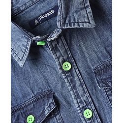 Pine Kids Denim Woven Washed Shirt With Text Print - Blue