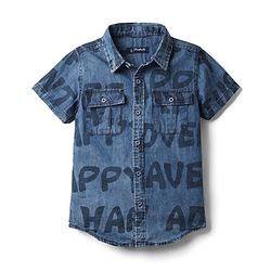 Pine Kids Denim Woven Half Sleeves Washed Shirt With Text Print - Blue