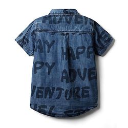 Pine Kids Denim Woven Half Sleeves Washed Shirt With Text Print - Blue