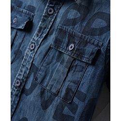 Pine Kids Denim Woven Half Sleeves Washed Shirt With Text Print - Blue