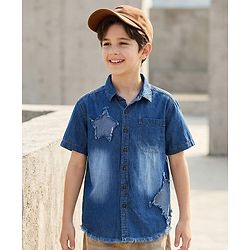 Pine Kids Denim Woven Half Sleeves Washed Shirt With Distressed Star Patch - Blue