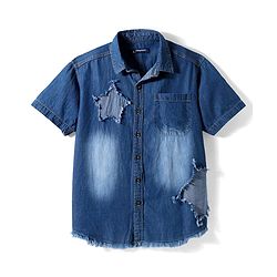Pine Kids Denim Woven Half Sleeves Washed Shirt With Distressed Star Patch - Blue