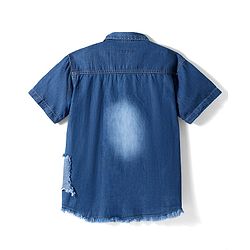 Pine Kids Denim Woven Half Sleeves Washed Shirt With Distressed Star Patch - Blue