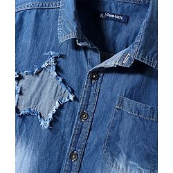 Pine Kids Denim Woven Half Sleeves Washed Shirt With Distressed Star Patch - Blue