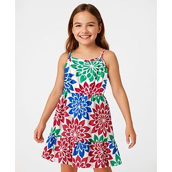 Pine Kids Cotton Knit Sleeveless Frock With Floral Print - White