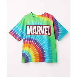 Pine Kids Marvel Terry Knit Half Sleeves Oversized And Drop Shoulder T-Shirt With Avengers Graphics And Tie And Dye Detailing - Green & Light Blue