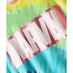 Pine Kids Marvel Terry Knit Half Sleeves Oversized And Drop Shoulder T-Shirt With Avengers Graphics And Tie And Dye Detailing - Green & Light Blue