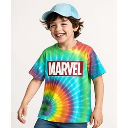 Pine Kids Marvel Terry Knit Half Sleeves Oversized And Drop Shoulder T-Shirt With Avengers Graphics And Tie And Dye Detailing - Green & Light Blue