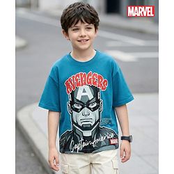 Pine Kids Marvel Terry Knit Half Drop Shoulder Sleeves Oversized T-Shirt with Captain America Puff Graphics - Teal Blue