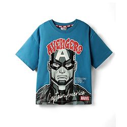 Pine Kids Marvel Terry Knit Half Drop Shoulder Sleeves Oversized T-Shirt with Captain America Puff Graphics - Teal Blue